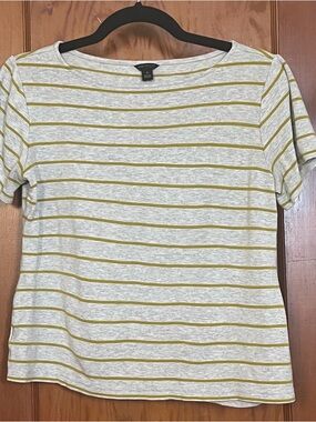 Ann Taylor Short Sleeve Striped Crewneck Tee in Light Gray and Olive